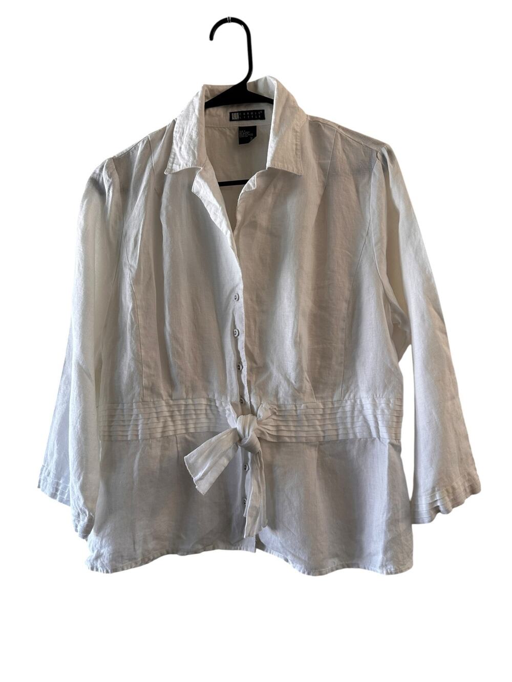 Carole Little White Belted Button Down Linen Shirt Women Sz L